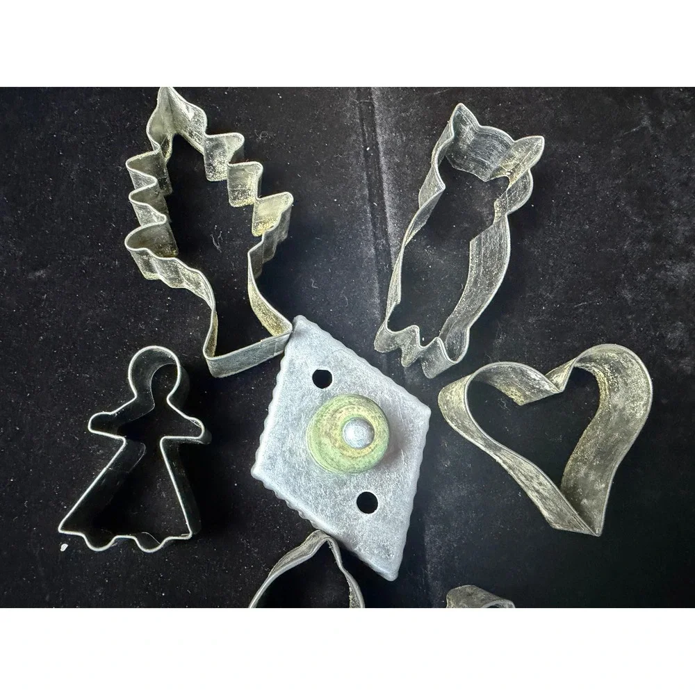 Vintage Tin Cookie Cutter Set Rocking Horse Angel Heart Tree Wood Handle Diamond